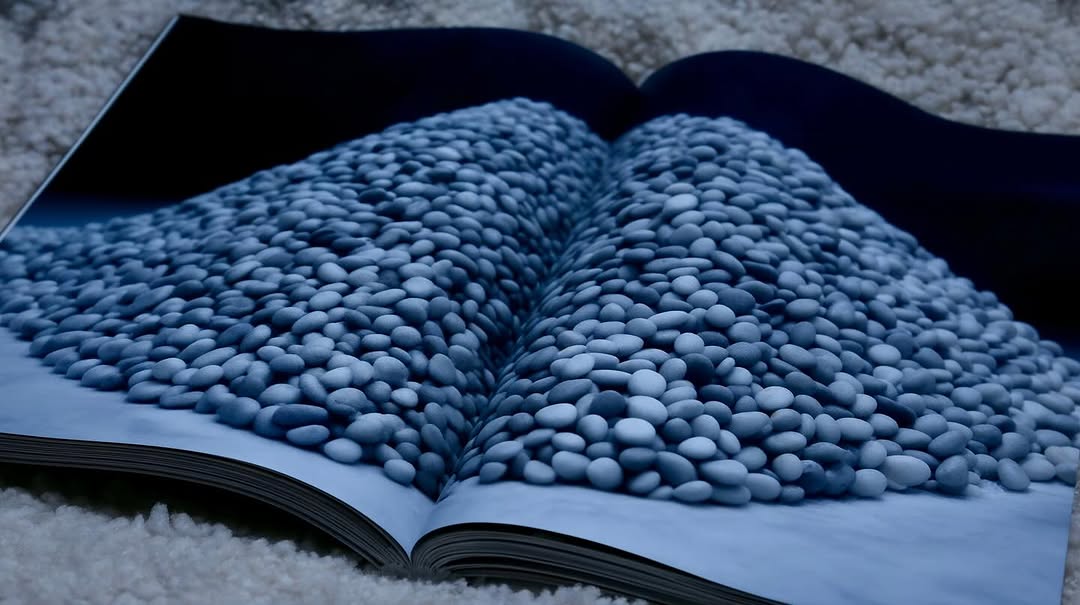 Open book shows a large pile of pebbles on the pages, with blue color grading creating a moody, artistic visual.