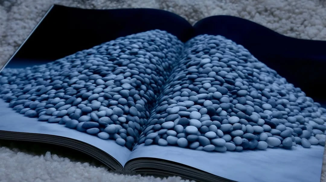 Open book shows a large pile of pebbles on the pages, with blue color grading creating a moody, artistic visual.