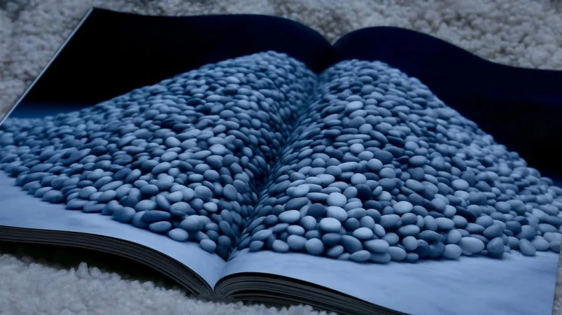 Open book shows a large pile of pebbles on the pages, with blue color grading creating a moody, artistic visual.