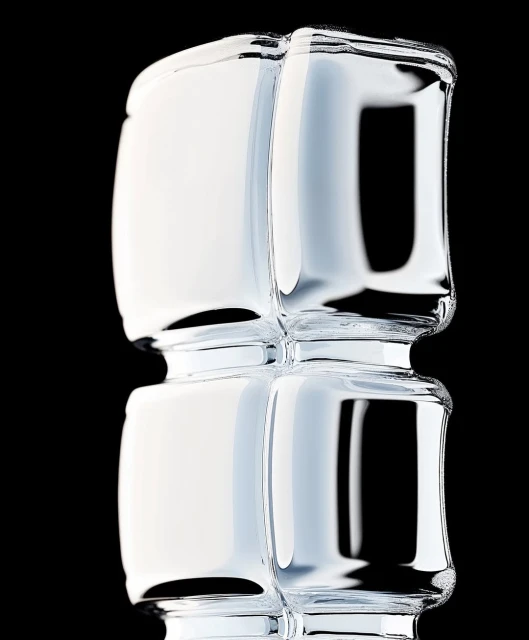 Close-up of a clear, stackable glass ice cube container on a stark black background, highlighting its geometric design and reflective surface.