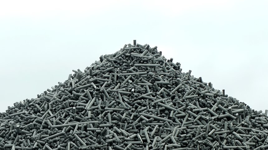 A large pile of gray cylindrical objects is shown against a white sky background, filling the entire frame in a top-down perspective.