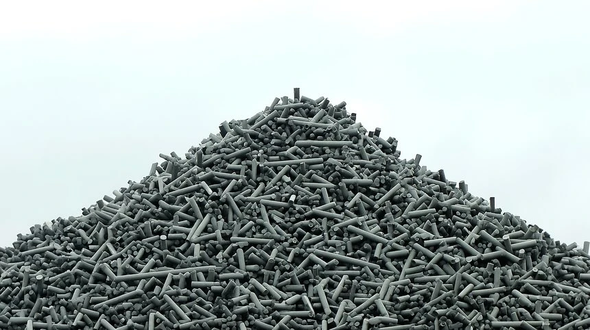 A large pile of gray cylindrical objects is shown against a white sky background, filling the entire frame in a top-down perspective.