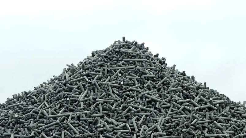A large pile of gray cylindrical objects is shown against a white sky background, filling the entire frame in a top-down perspective.