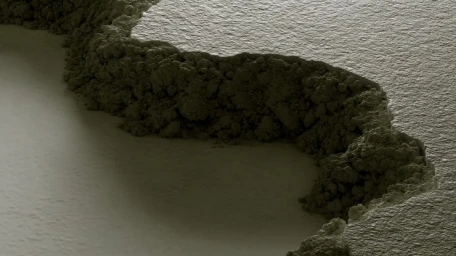 Close-up macro shot of textured grey concrete landscape with a carved curved depression and granular soil edge under directional hard light.