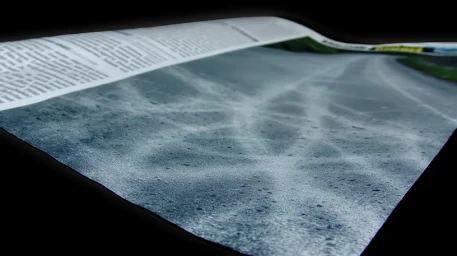 Curved printed newspaper page showing a textured grey asphalt road surface against a dark background.