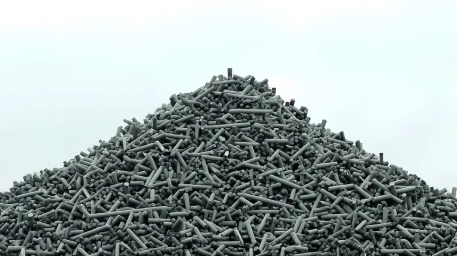 A large pile of small grey cylindrical charcoal pieces against a plain pale background by Arno Machado