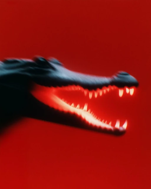 A vivid, blurred image of an alligator's head with an open mouth and visible teeth, set against a solid red background in a photo studio.