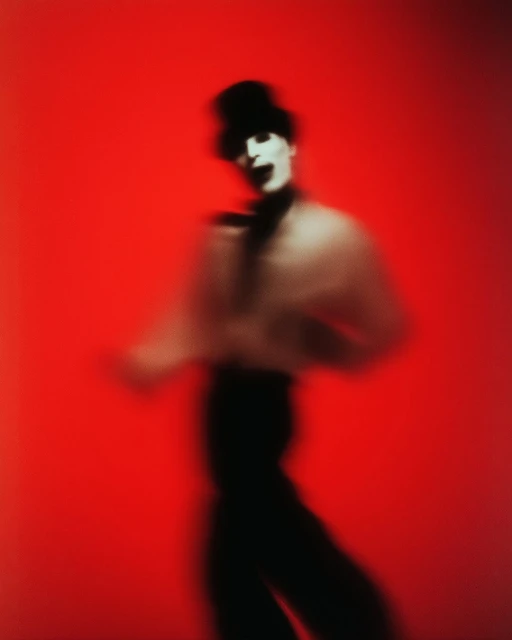 Blurred figure with white face paint and a top hat against a vivid red backdrop, evokes a theatrical or performance art feel.