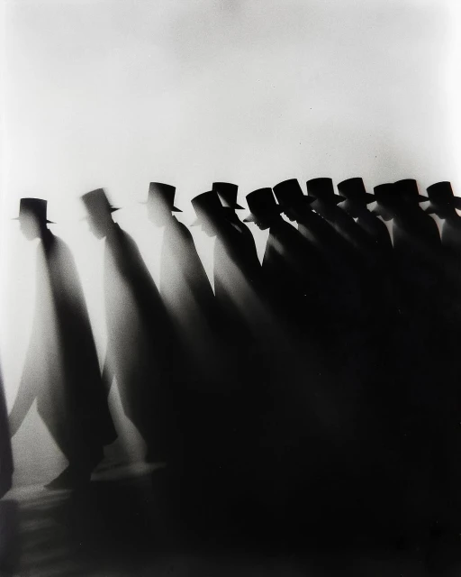 Black and white photo of a long line of silhouetted figures wearing hats, walking in the same direction against a bright background.