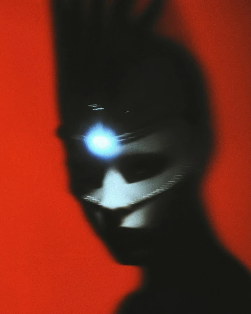 Portrait of a person with a dark silhouette against a red background, featuring a bright, glowing light on their forehead.