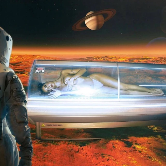 Digitally created image of a woman lying inside a glass tanning bed with an astronaut observing in a surreal, planetary environment.