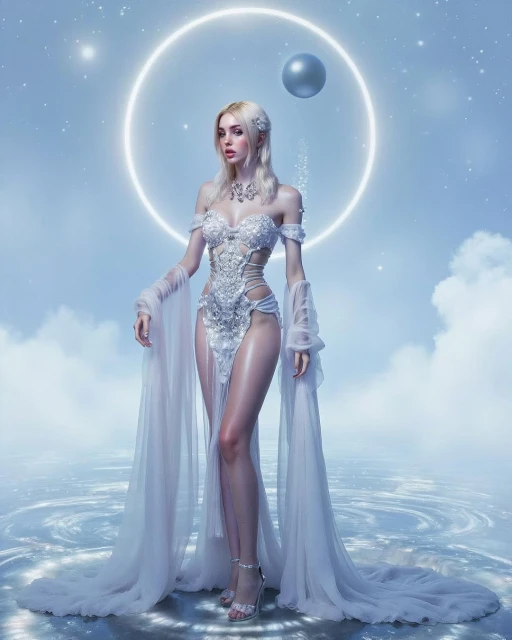 Elegant woman in ornate white dress with sheer sleeves and circular light halo, standing in a dreamy, watery environment under a starry sky.