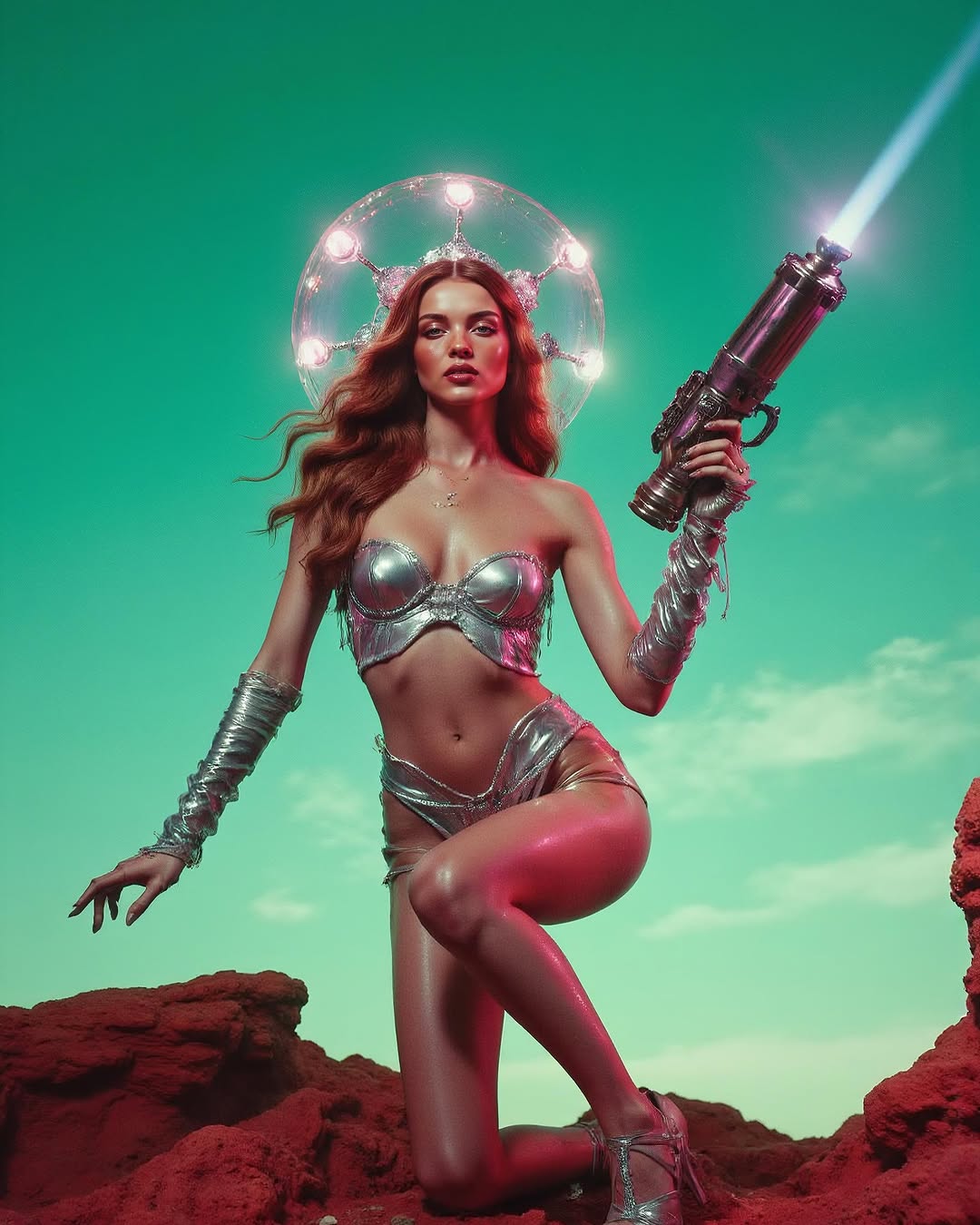 Woman in silver futuristic costume kneeling in a red rock landscape with a turquoise sky, holding a ray gun with bright light.