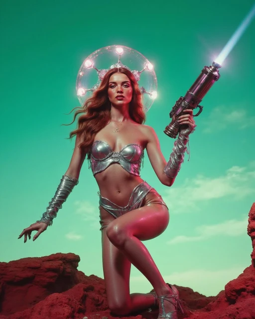 Woman in silver futuristic costume kneeling in a red rock landscape with a turquoise sky, holding a ray gun with bright light.