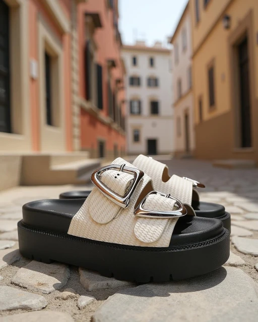 Platform sandals featuring chunky black soles and wide, textured ivory straps with silver buckles on a cobblestone street in an urban setting.