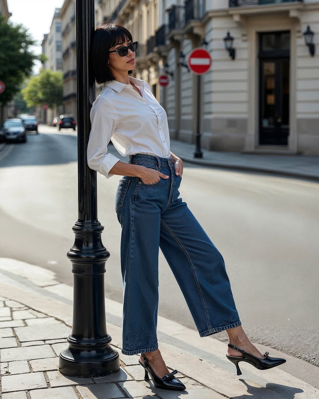 A stylish adult woman poses on a city street wearing sunglasses, a white shirt, blue jeans, and black high heel shoes next to a lamppost.