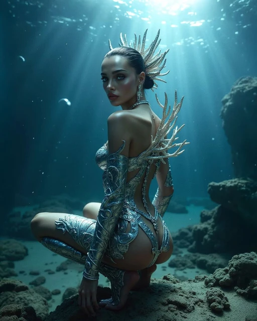 Underwater portrait of a woman in elaborate silver armour, crouching on the sandy ocean floor with sunlight filtering through water.