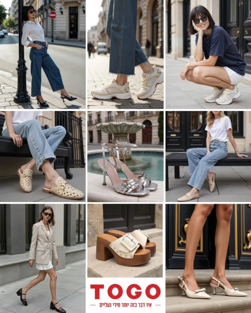 Collage of nine lifestyle fashion shots featuring women in various casual outfits and different styles of sandals, heels, and sneakers.
