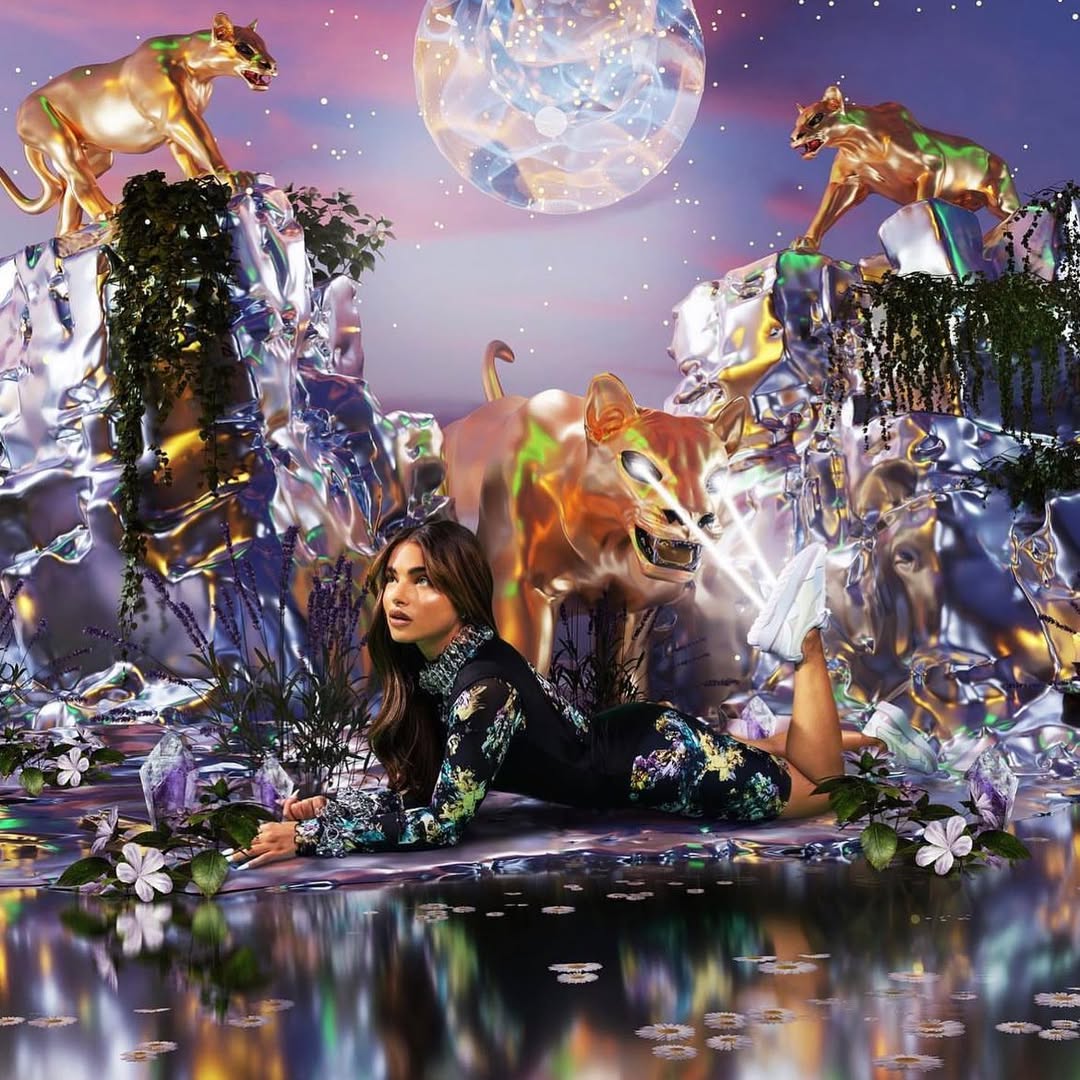 Woman poses by water near golden lion statues, with a fantasy moon and metallic rocks creating a surreal, whimsical atmosphere.
