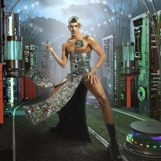 A fashionably dressed person in a computer circuit-inspired outfit strikes a pose against a futuristic cityscape background with stylized clouds.