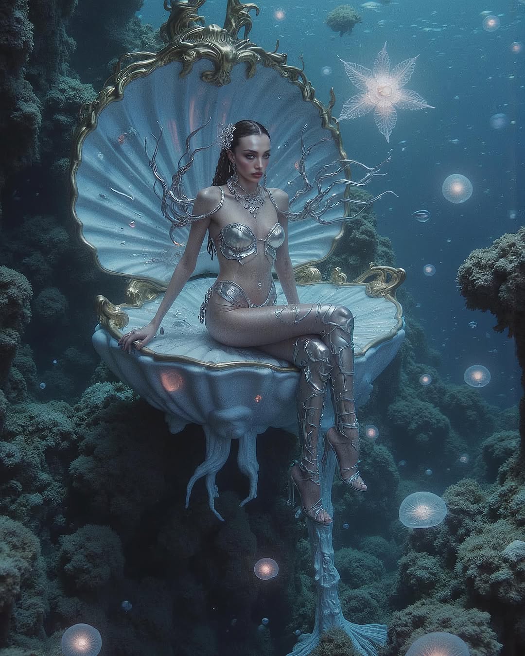 A woman with silver attire poses seated in an ornate shell chair underwater among sea flora and soft, glowing orbs, creating a surreal scene.