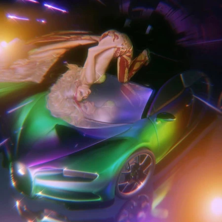 Blond woman strikes a pose on the hood of a glossy iridescent car under neon lighting in a studio, resulting in a surreal image.