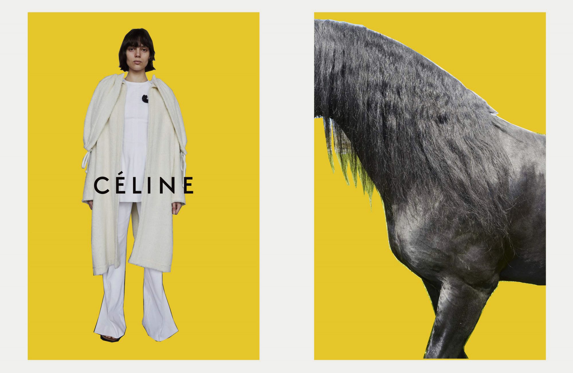 Fashion shot featuring a woman in a cream coat next to a horse's head and neck against a yellow background, advertising Celine.