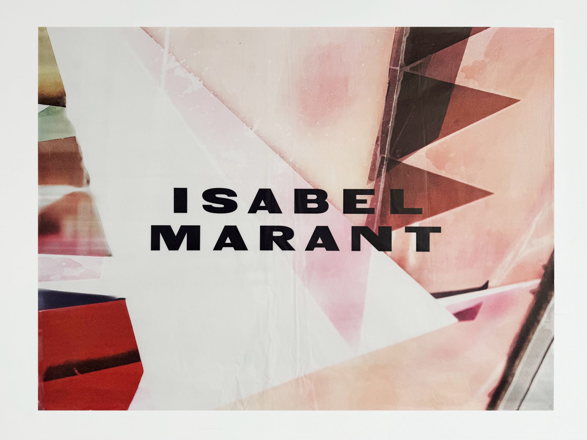 Abstract fashion poster with a white background and text 'ISABEL MARANT' in bold black letters, complemented by geometric patterns.