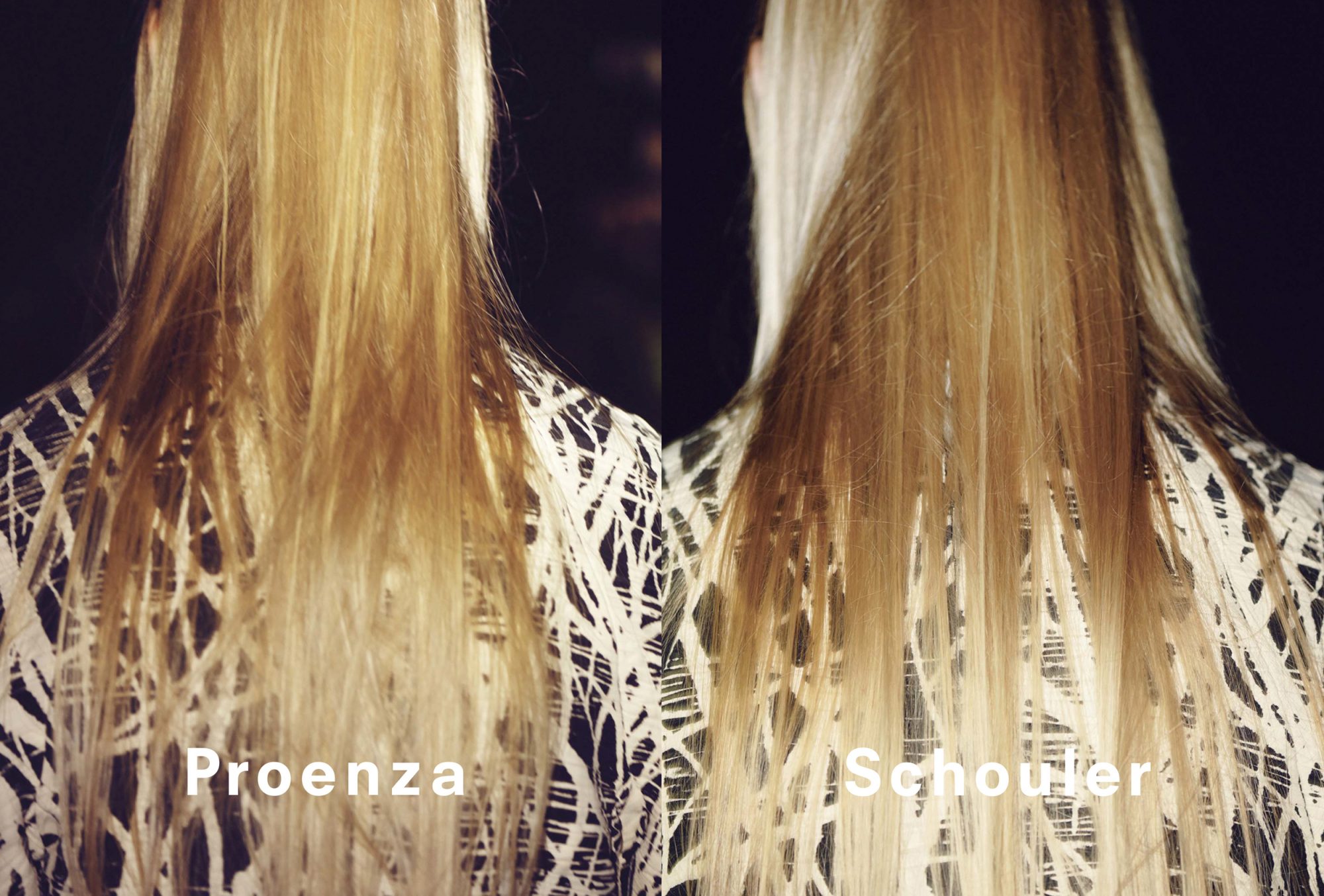 Split image showcases blonde hairstyles by Proenza Schouler, highlighted with a distinctive white pattern garment against a dark backdrop.