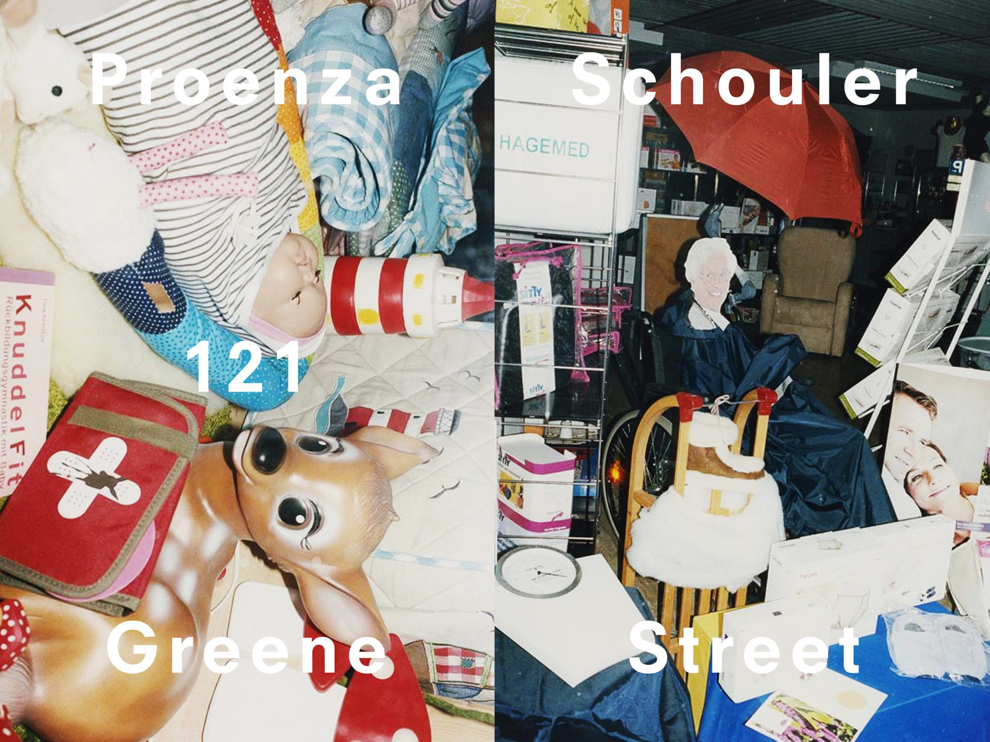 This image features an artistic collage with a baby doll, toy deer head, red umbrella, and various objects in contrasting halves.