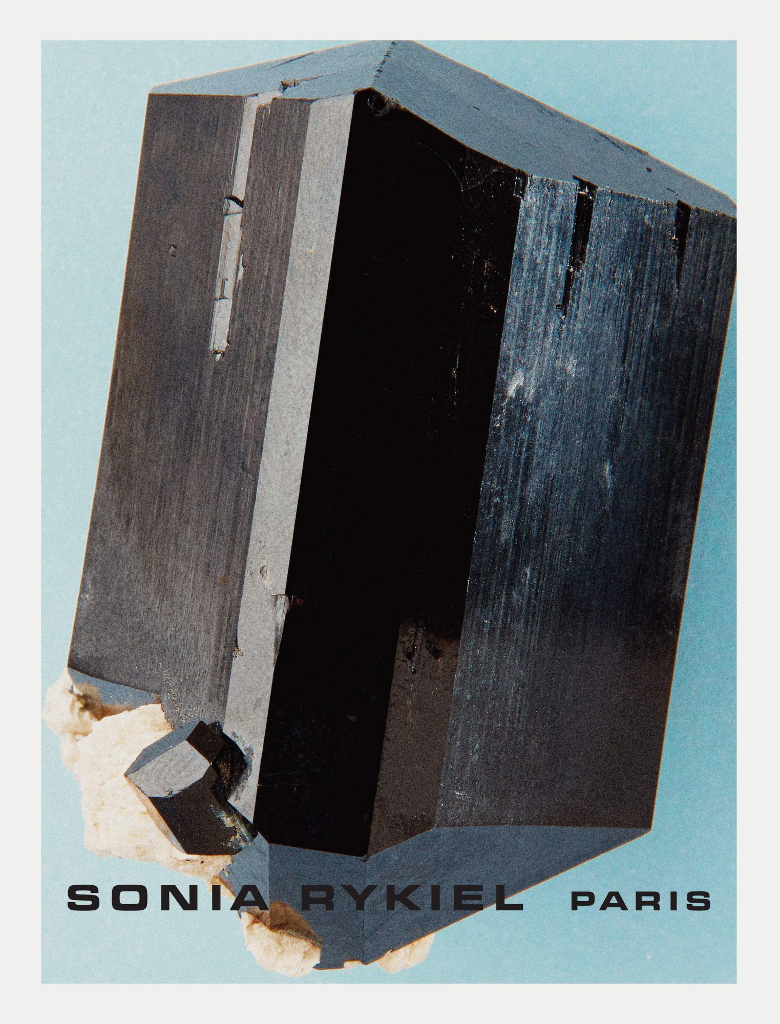 Macro shot of a black crystalline mineral formation with white flecks on a light blue background. Sonia Rykiel Paris logo visible.