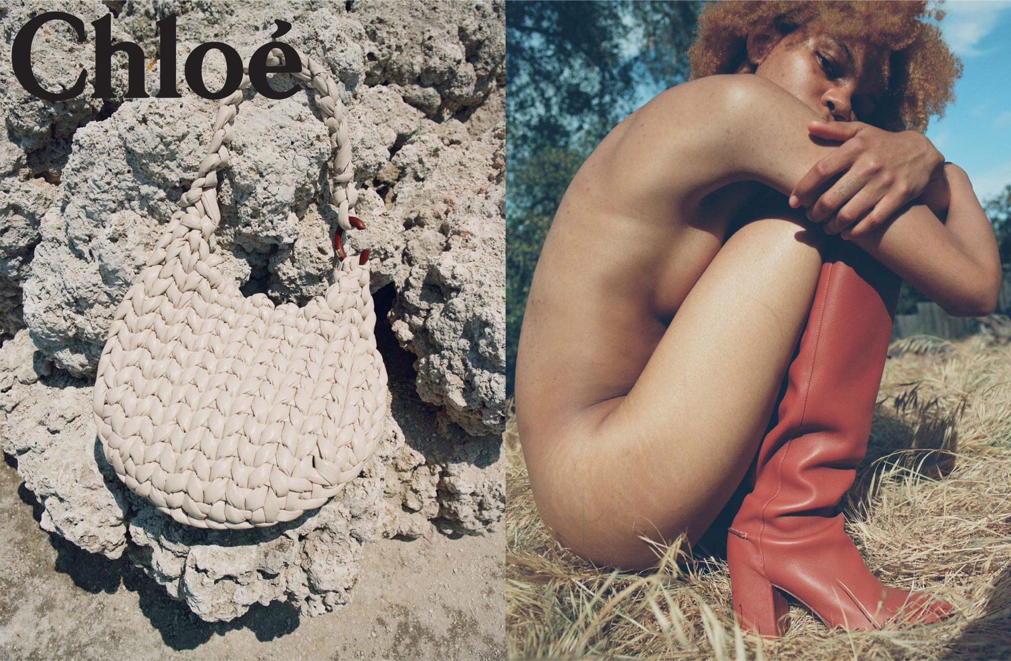 Chloe woven handbag displayed alongside a partially nude adult posing outdoors with a red, knee-high leather boot and natural light.