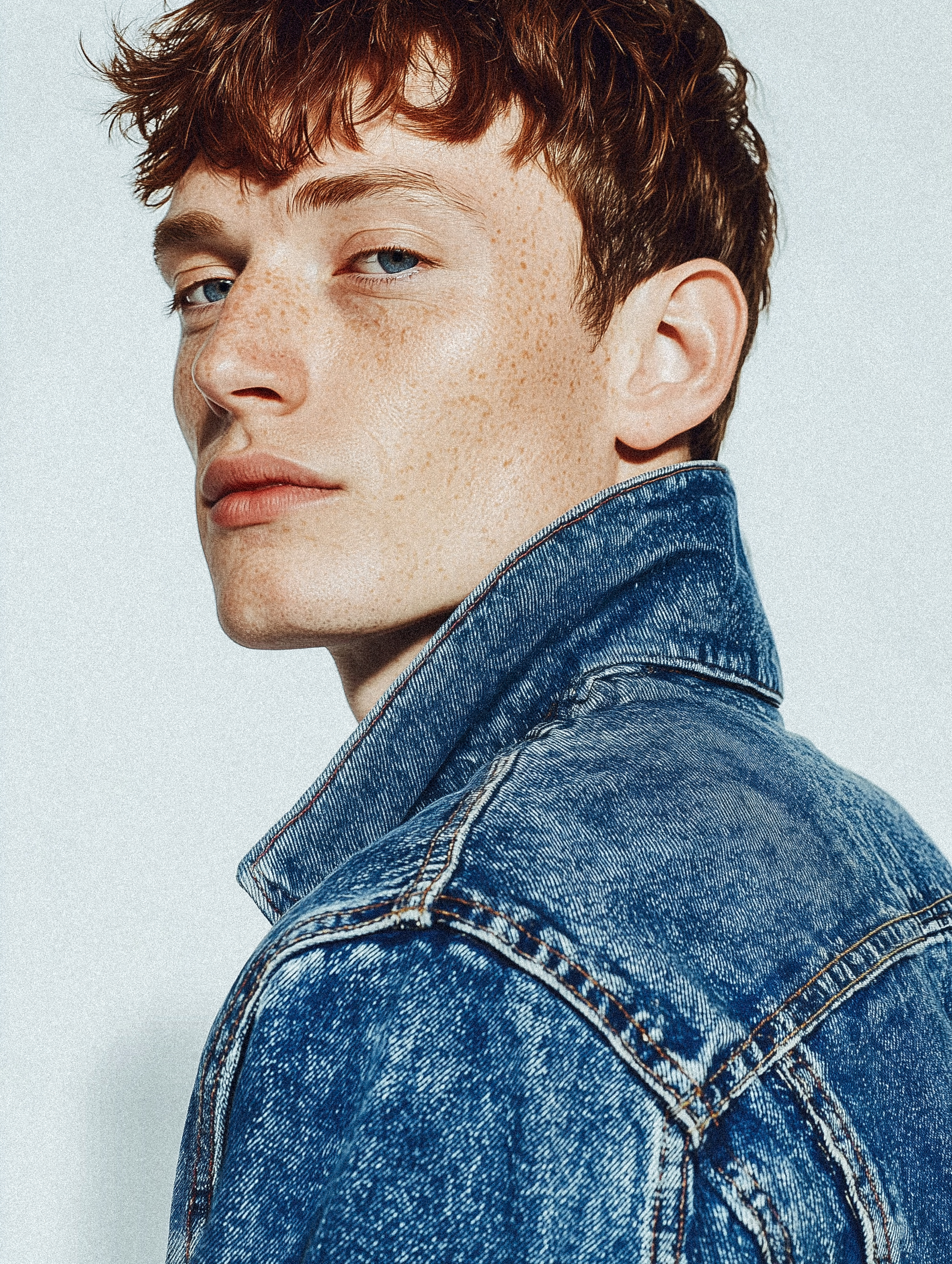 Portrait of a young adult male model with red hair and freckles, wearing a denim jacket against a plain, light background.