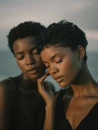 Close-up portrait of two Black women with short curly hair posing closely together against an outdoor background.