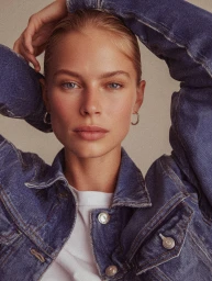 Close-up portrait of a woman wearing a blue denim jacket with hands behind her head by Victor Basco Studio