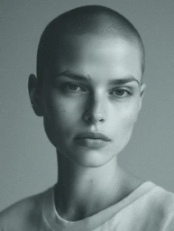 Close-up portrait of a woman with a buzzcut and neutral expression wearing a plain white t-shirt against a grey background.