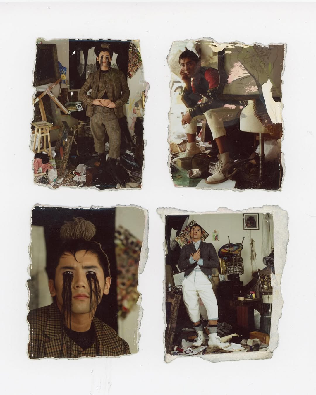 Four photos arranged on white background: three young adult males in suits with creative make up in cluttered indoor environments.