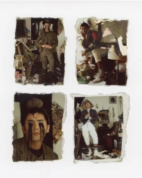 Four torn-edge photographic prints featuring portraits of a man with stylized dark face markings in a cluttered studio setting by Mark Lebon.