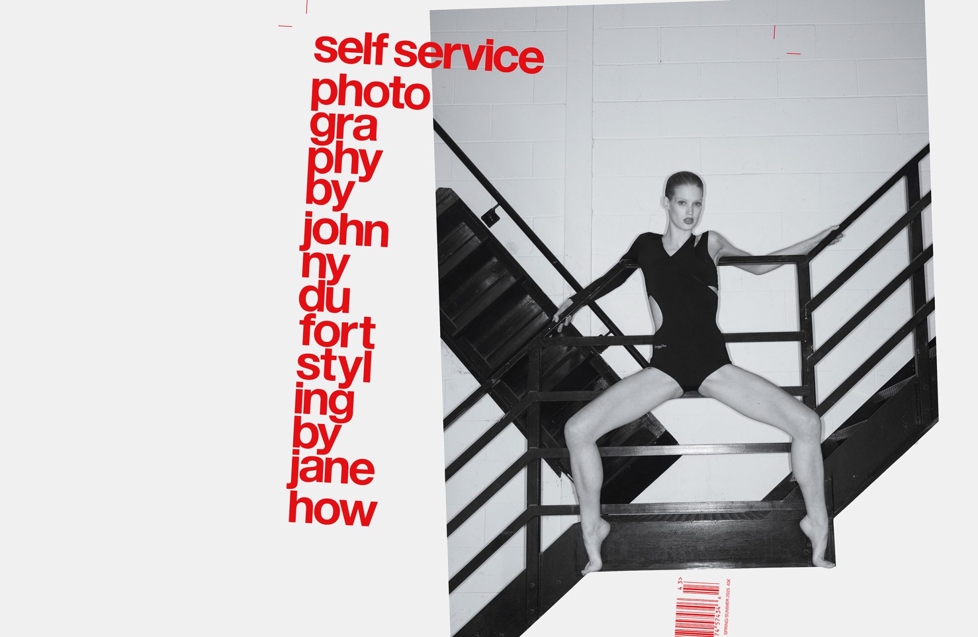 Black and white fashion shot of a woman in a black bodysuit striking a pose on stairs with red text on a white background to the left.