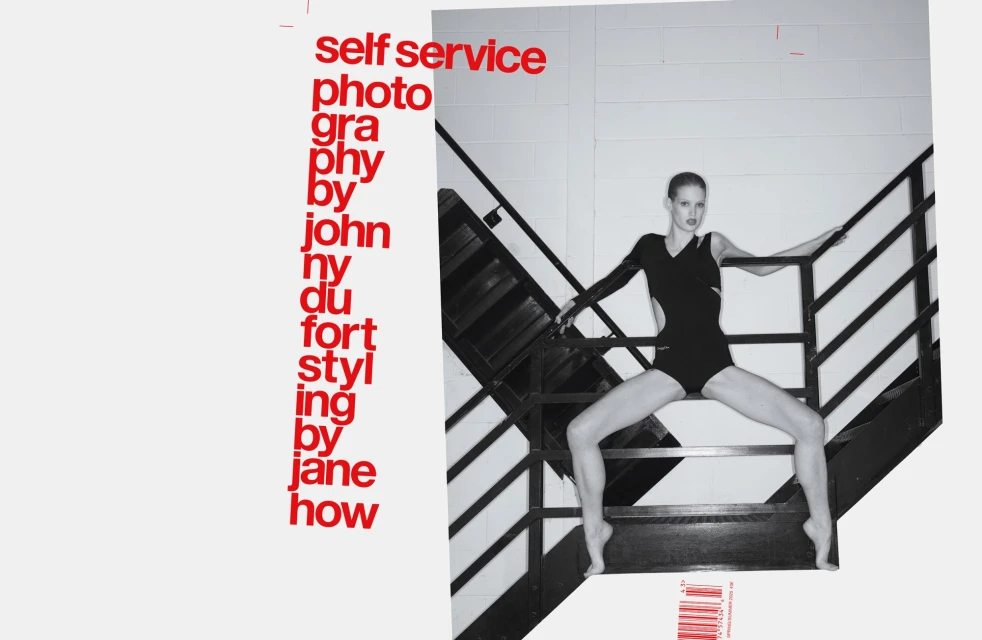 Black and white fashion shot of a woman in a black bodysuit striking a pose on stairs with red text on a white background to the left.