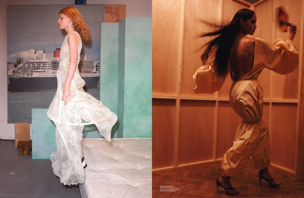 Two fashion models showcase contemporary clothing in contrasting studio environments with distinctive color palettes and compositions.