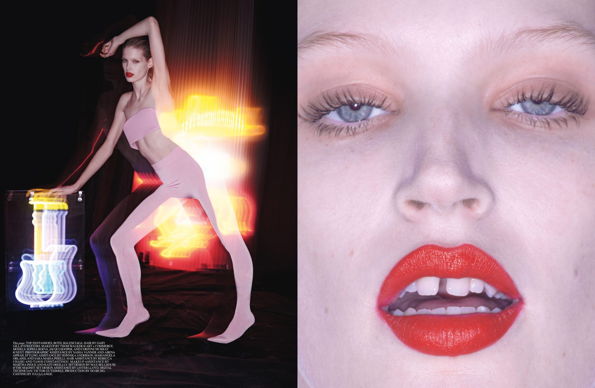 A fashion editorial shot features a model in a pink outfit posing next to a guitar-shaped light and a close-up of a face with red lipstick.