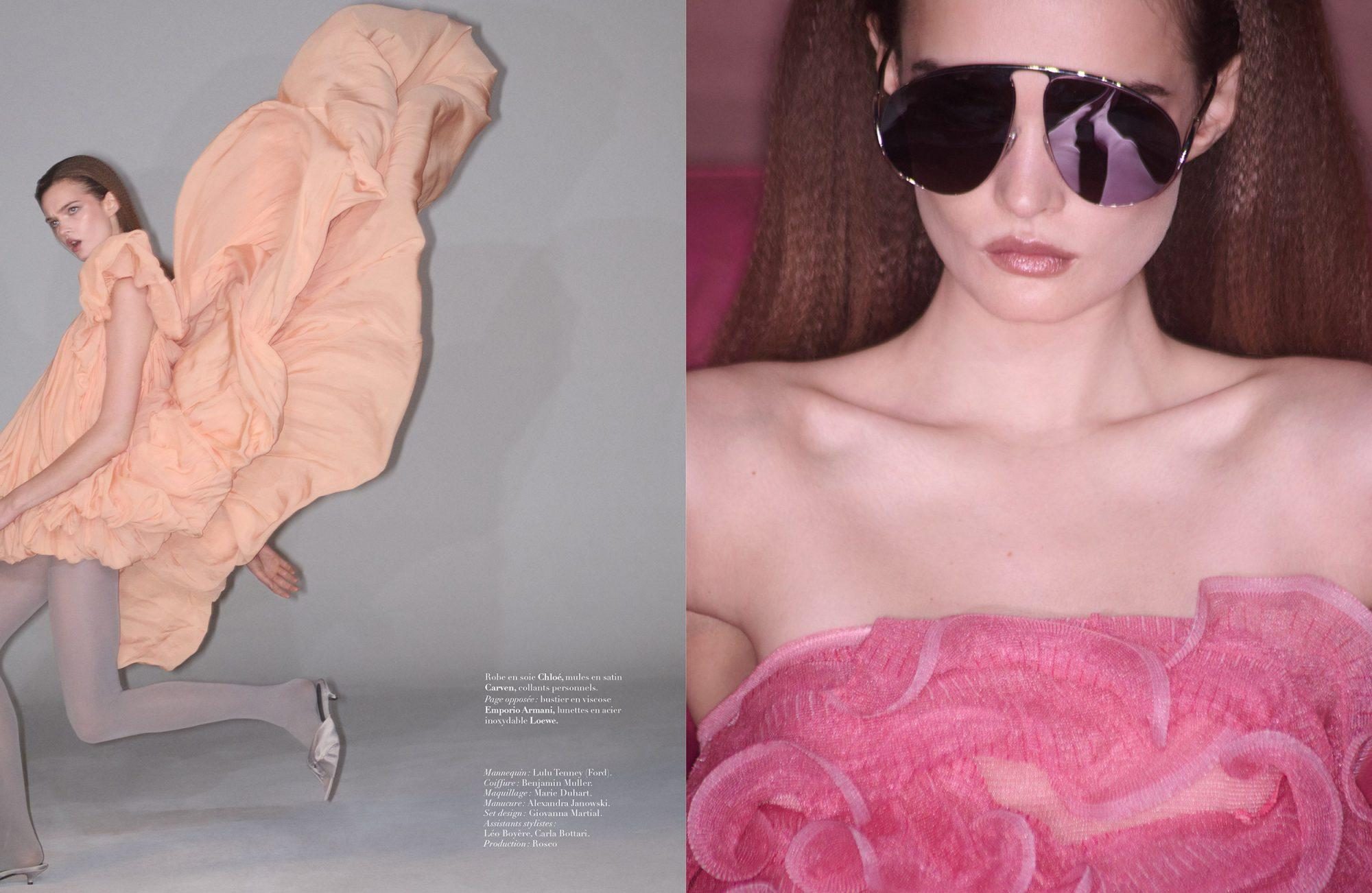Fashion editorial shot featuring a female model in a flowing peach dress, contrasted with a close-up of another model in sunglasses.