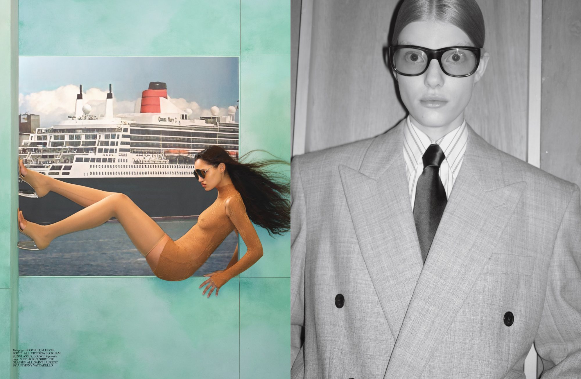 A split-screen fashion editorial featuring a woman in a catsuit in front of a ship and another in a grey suit and glasses.