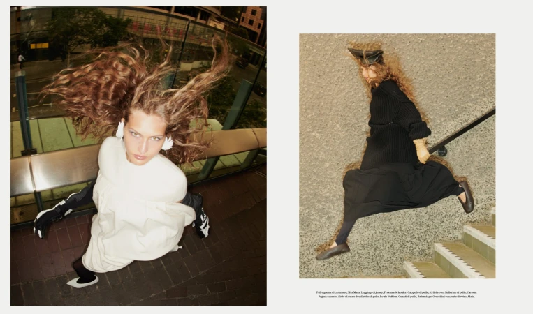 Fashion shot, two images. One of a woman in white on stairs, and another woman in black on stairs. Both have long curly hair.