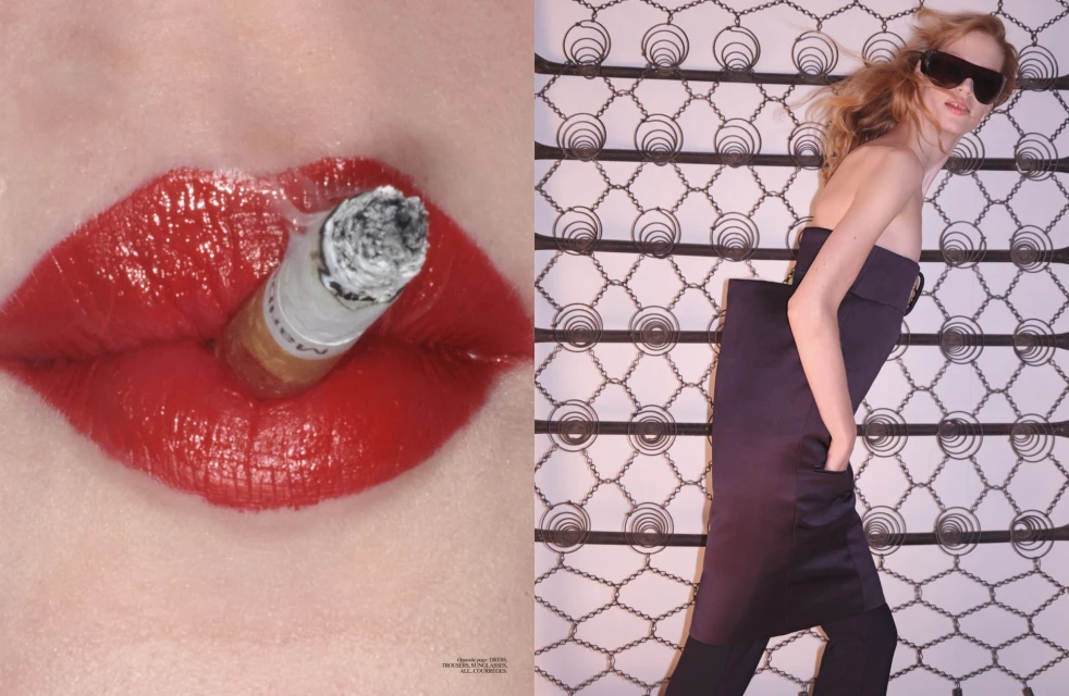 Close-up of red lips with a cigarette, juxtaposed with a model in sunglasses and a dark dress against a patterned backdrop.