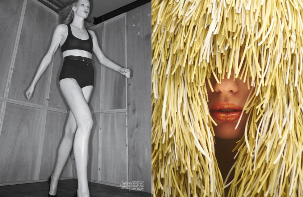Monochrome fashion shot: a slender woman in black lingerie and heels stands next to a close-up of a face framed by a straw-like headdress.