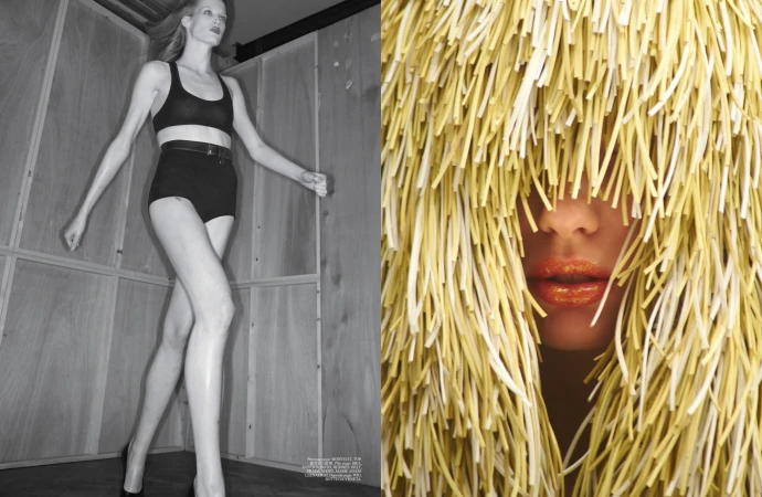 Monochrome fashion shot: a slender woman in black lingerie and heels stands next to a close-up of a face framed by a straw-like headdress.
