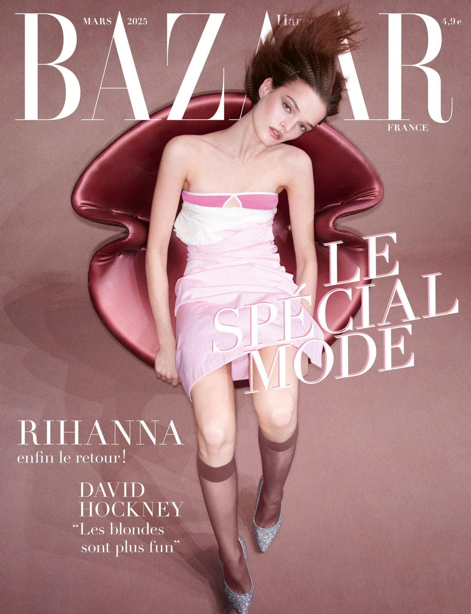 Bazaar France cover featuring a young woman in a pink dress reclining on a red lip-shaped chair, with Bazaar masthead and fashion text.