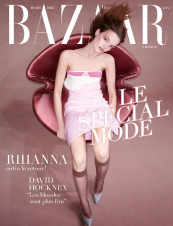 Bazaar France cover featuring a young woman in a pink dress reclining on a red lip-shaped chair, with Bazaar masthead and fashion text.